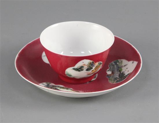 A Chinese ruby ground teabowl and saucer, 18th or 19th century, the saucer 11.3cm